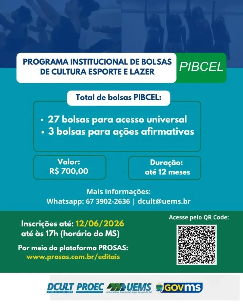 PIBCEL: UEMS abre seleção para bolsas de Cultura, Esporte e Lazer com auxílio de R$ 700